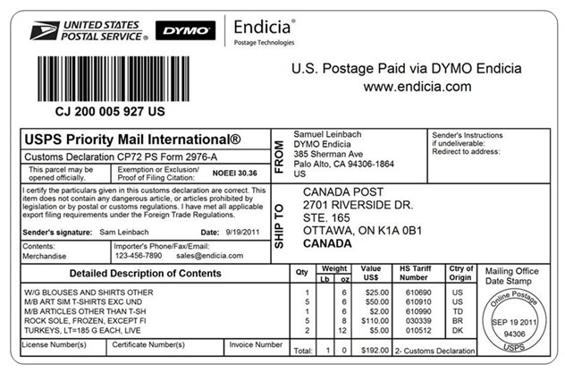 6x4” Priority Mail International label set page 2 of 4